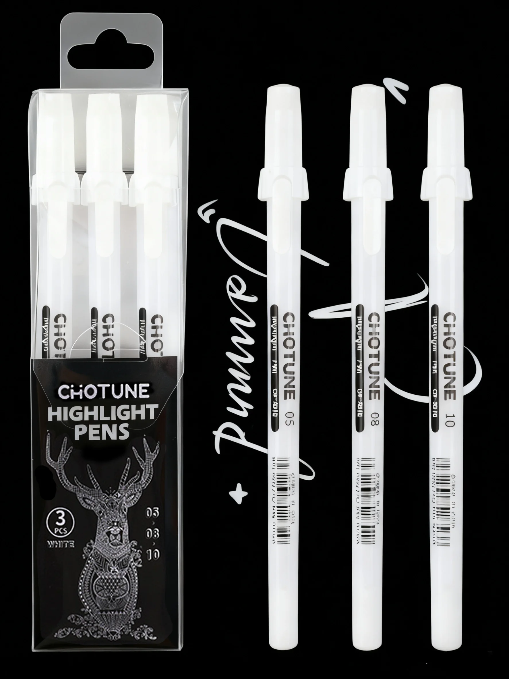 Roll Basic White Gel Pen Set of 3, Assorted Sizes | Opaque Pens for Highlights, Drawing & Crafts