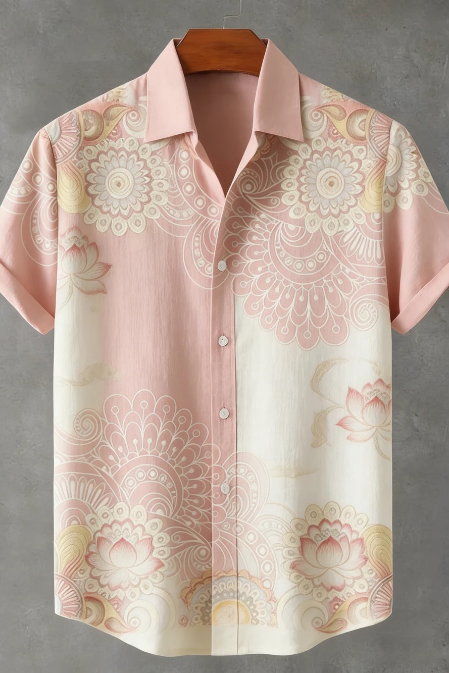 Men's Shirt Gradient Lotus Floral Print Turn‑down Collar Short Sleeve Vacation Party Casual Button Down Tops Summer Men Clothes