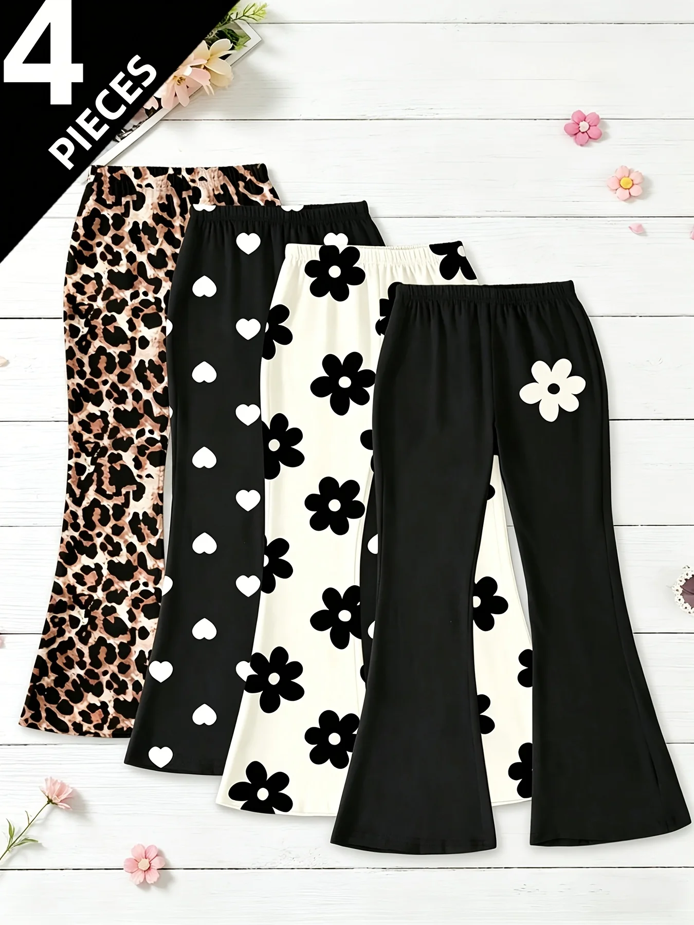 4er-Pack bedruckte Schlaghosen für Mädchen – Leopardenmuster / Herzen / Blumenmuster – Freizeithosen mit hoher Taille und elastischem Bund – Detail 1