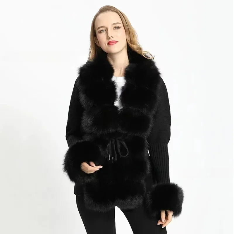 Women Faux Fur Knit Sweater Cardigan Spring Autumn Elegant Knitted Sweater with Faux Fox Fur Collar Ladies Fashion Coat Fur Coat