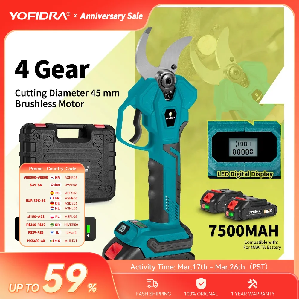 Newbeny 45mm 4 engrenagens sem escova podador elétrico tesoura eficiente recarregável jardim embelezar ferramentas elétricas para makita 18v bateria