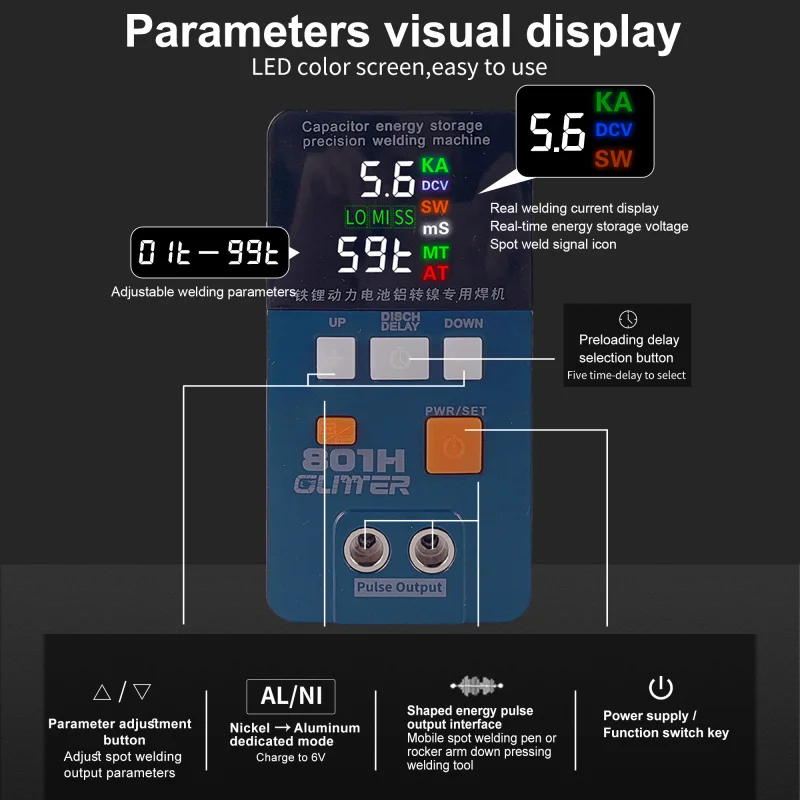 Glitter 801H Welding Machine 19.8KW 3500A Pulse Butt Power Aluminum Nickel Single Battery Spot Welder