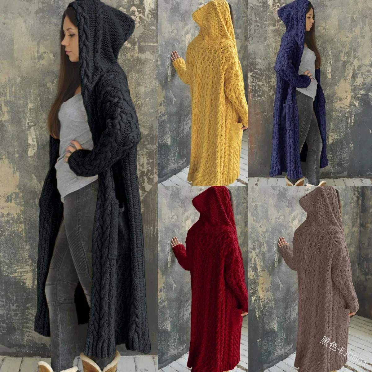 Cardigan Women Solid Color Long Sleeve Braid Knit Cardigan Hooded Sweater Coat Overcoat Loose Ladies Sweaters Coat Plus Size