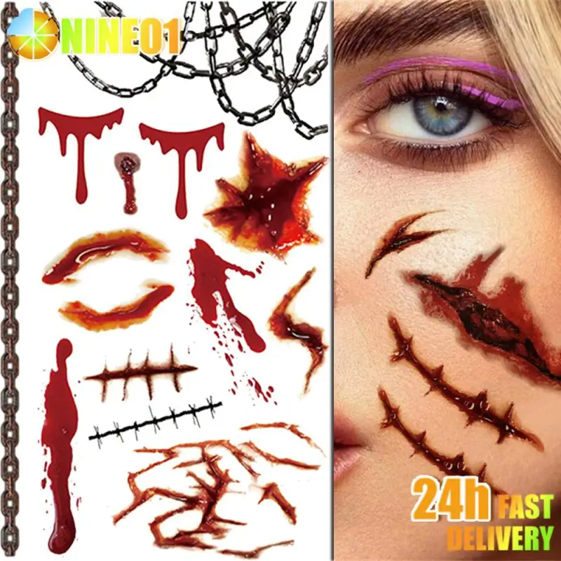 Halloween Scar Tattoo Stickers Waterproof Wound Scratches Blood Stickers Water Transfer Fake Bloody Scars DIY Temporary Tattoo