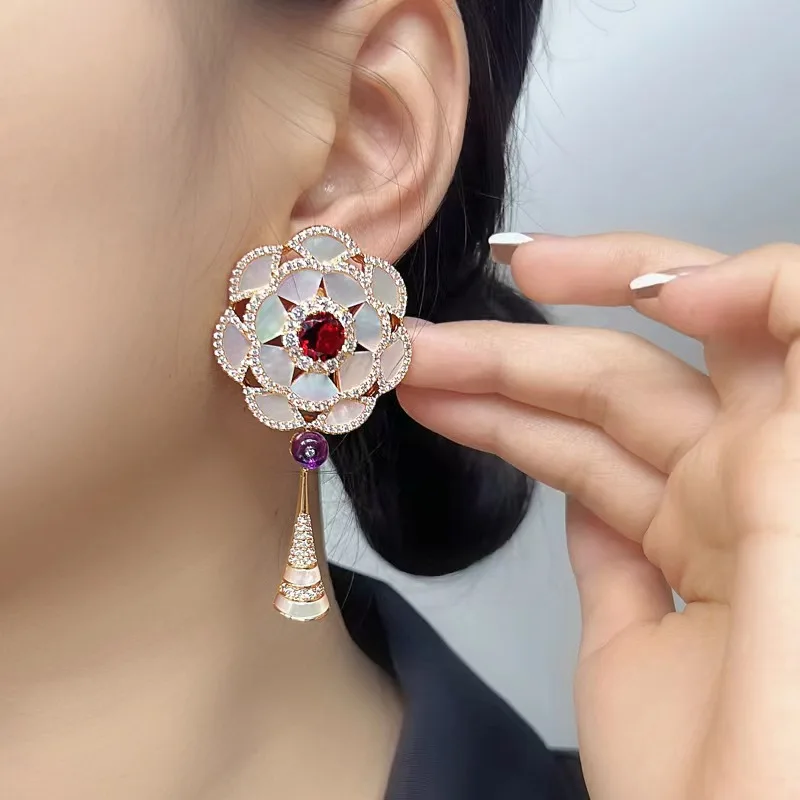 New luxury top 3A full Zircon Fan gentle temperament drop earrings for ladies wedding evening gown jewelry