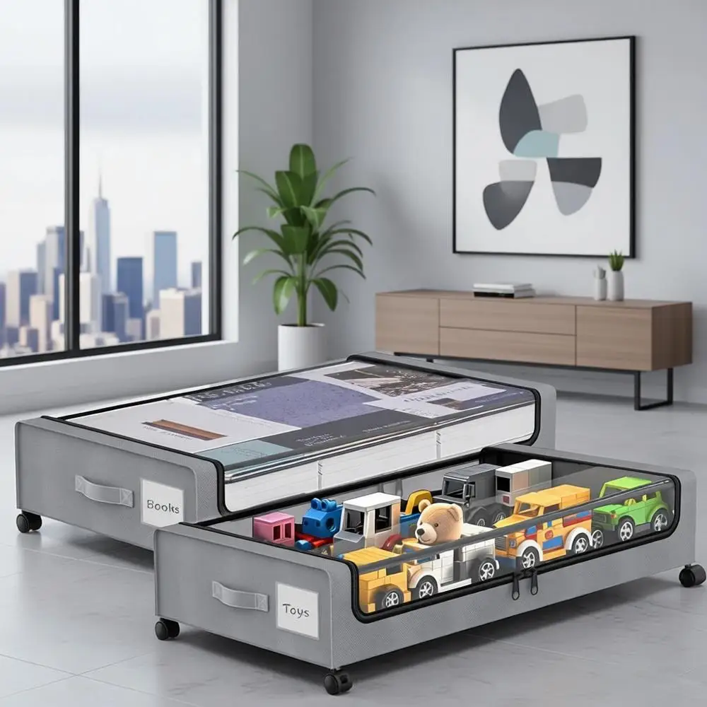 

Набор из 4-х выдвижных контейнеров для хранения под кроватью с прозрачными крышками - серые, для обуви, одежды и одеял