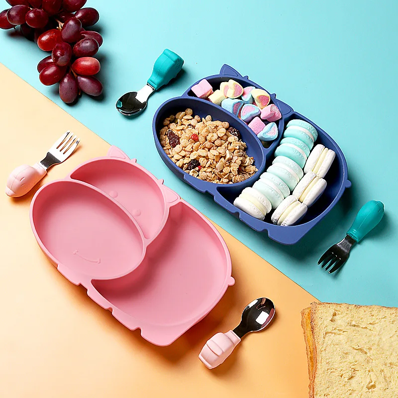 Ensemble d'ustensiles d'alimentation en silicone pour enfants, assiette, fourchette, cuillère, tasse à ventouse intégrée, division complémentaire, bébé