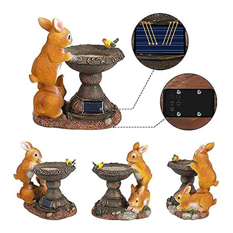 Solar Rabbit Sculpture LED Light Resin Double Rabbit Drinking Water Lamp Outdoor Courtyard Garden Animal Figurine Decoration