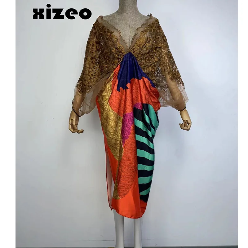 XIZEO 2023 Summer Women Cardigan Kaftan Fashion Sexy Boho African Holiday Free sSze Long Sleeve Silk Feeling Robe Kimono CAFTAN