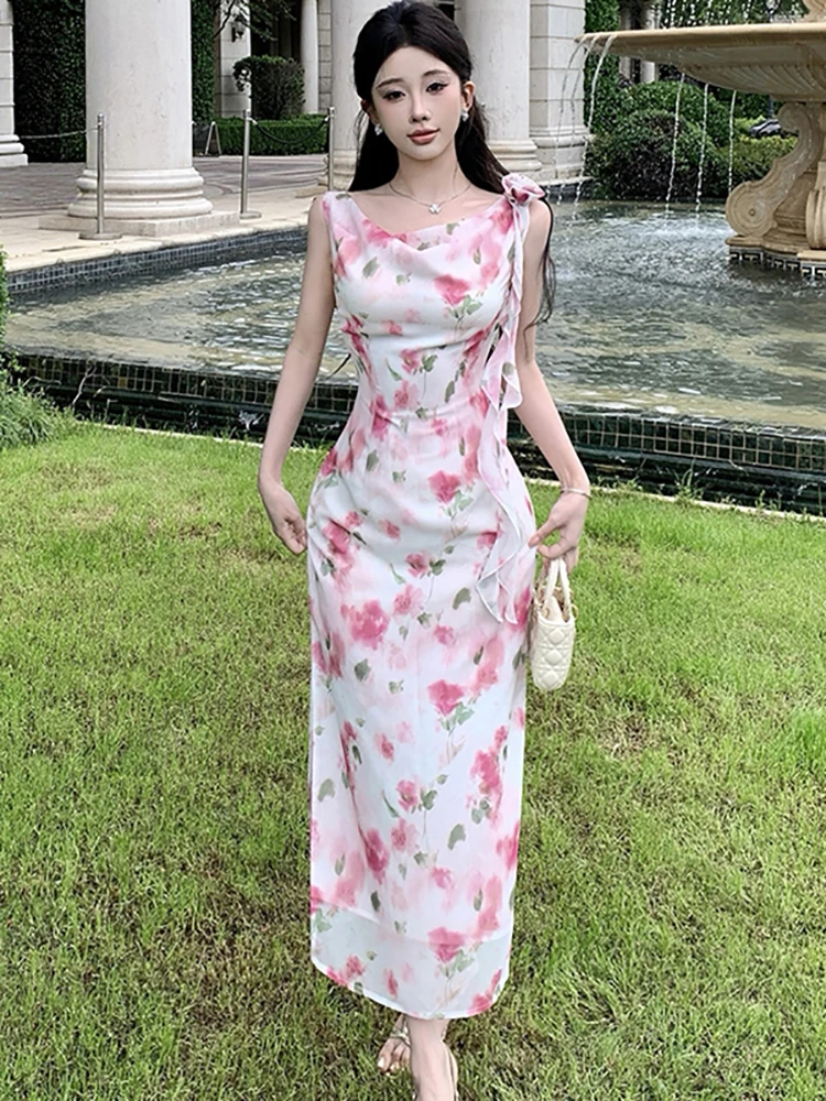 Women Floral Chiffon Ruffled Sling Long Dress 2026 Korean Fashion Casual Holiday Dress Summer Elegant Bodycon One Piece Dresses