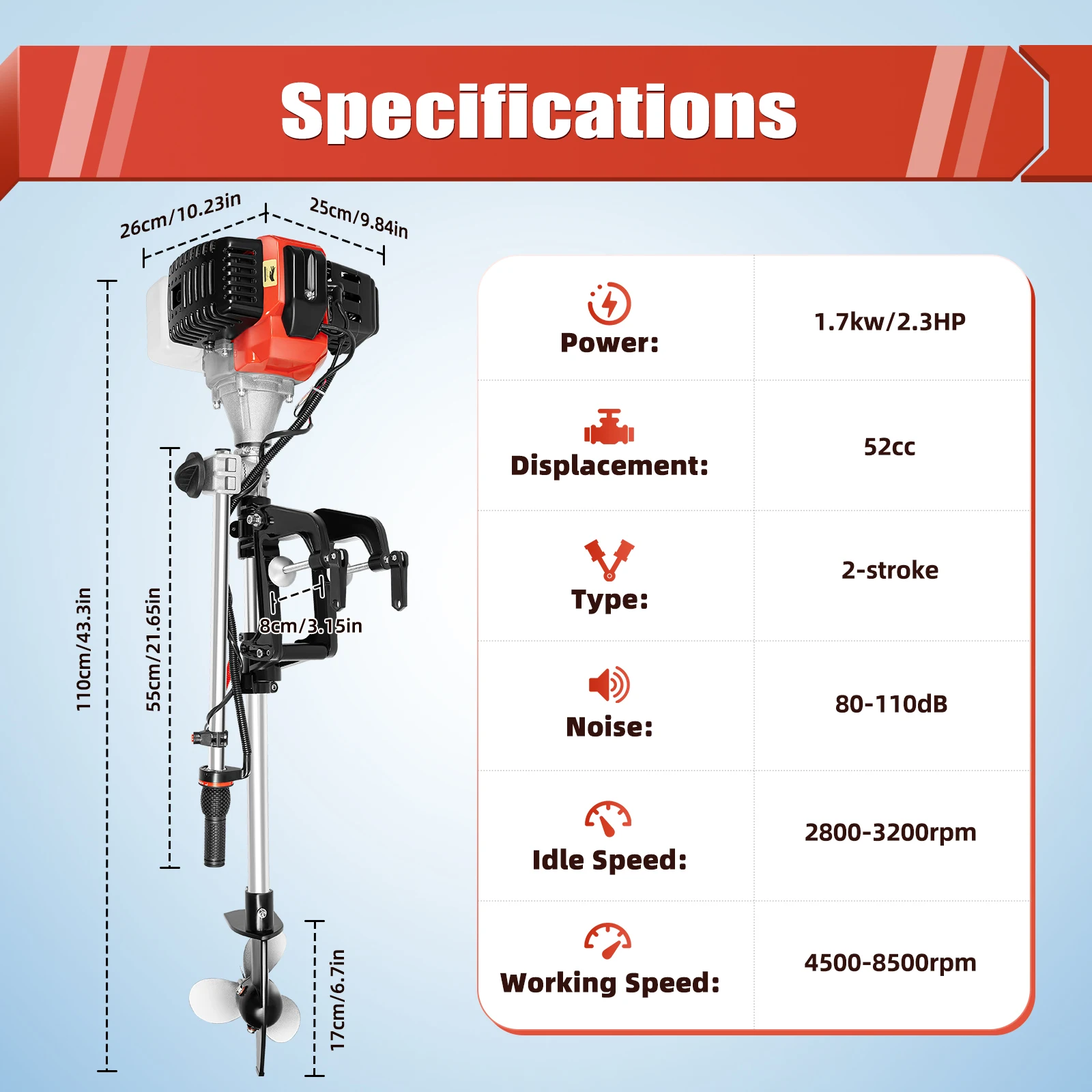 2.3HP 2-suwowy silnik zaburtowy 52CC 1.7KW nadmuchiwany silnik łodzi rybackiej silnik benzynowy rozrusznik CDI System chłodzony powietrzem 8500