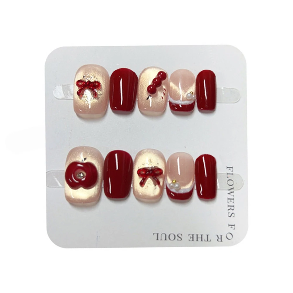 

10pcs Handmade Press on Nails 3D Apple Decor Fake Nails for Girl Wearable Detachable Short Red Cat Eye False Nail Tips Art