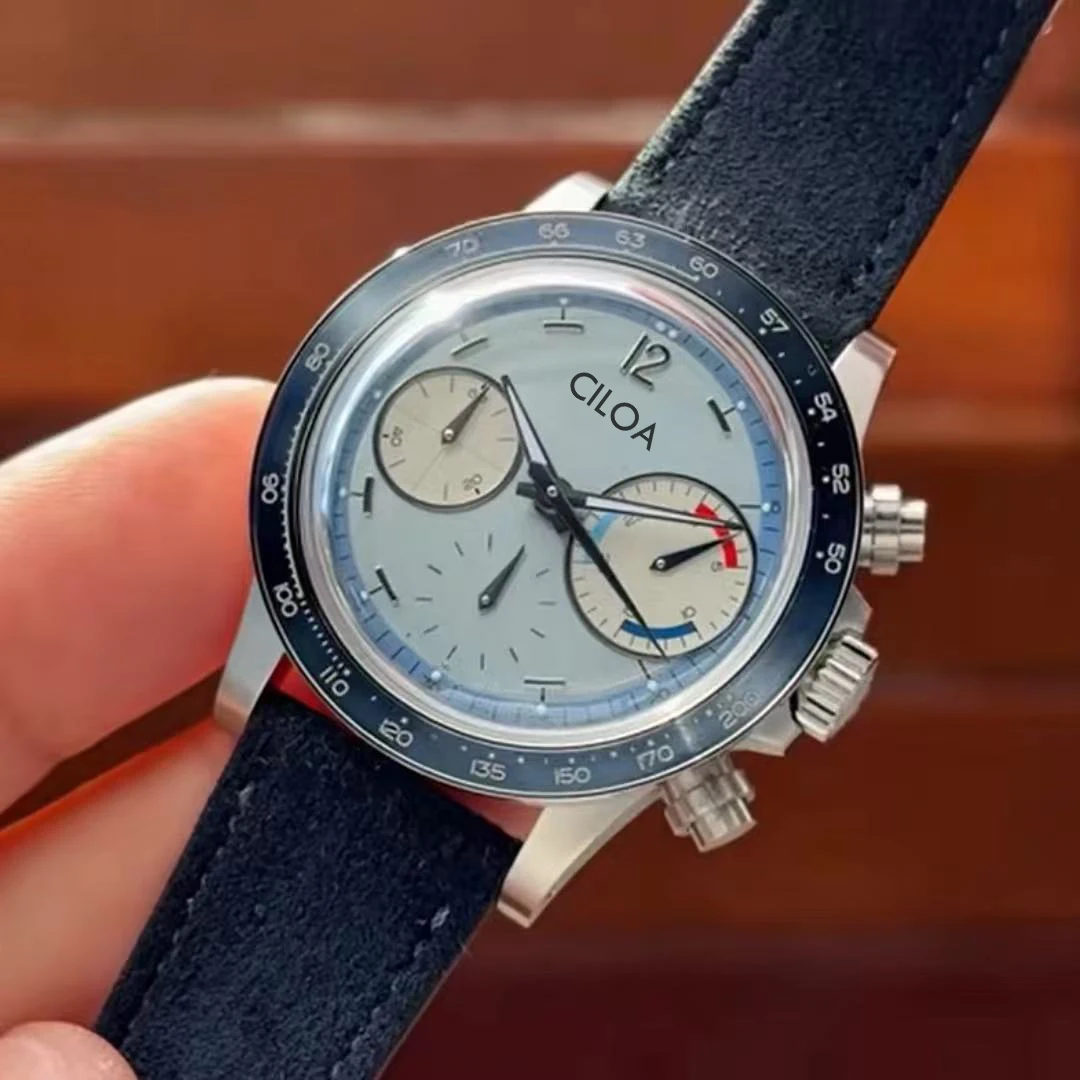 CILOA-Men Vintage Silver Watch Chronograph Ice Blue Dial Stainless Steel Jubilee Strap Racing Sports Quartz Wrist Watch-521