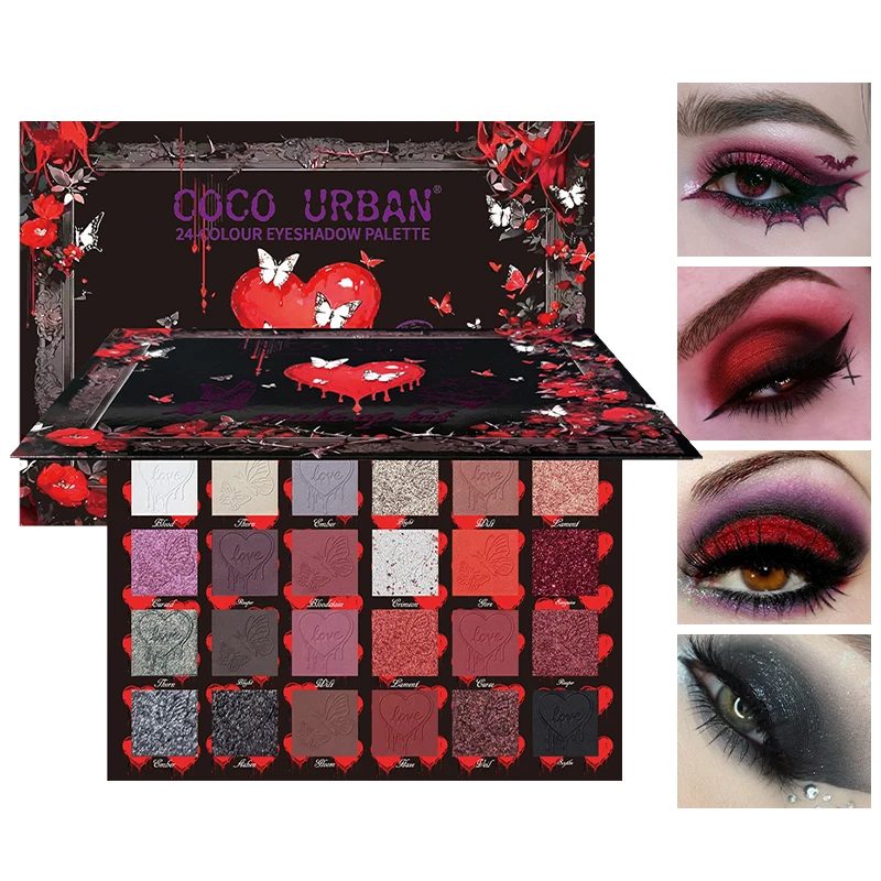 24-Color Gothic Eyeshadow Palette with Red Face Gems –Dark Smoky Matte Shimmer Set,Vampire Halloween Makeup Kit,Cosplay Supplies