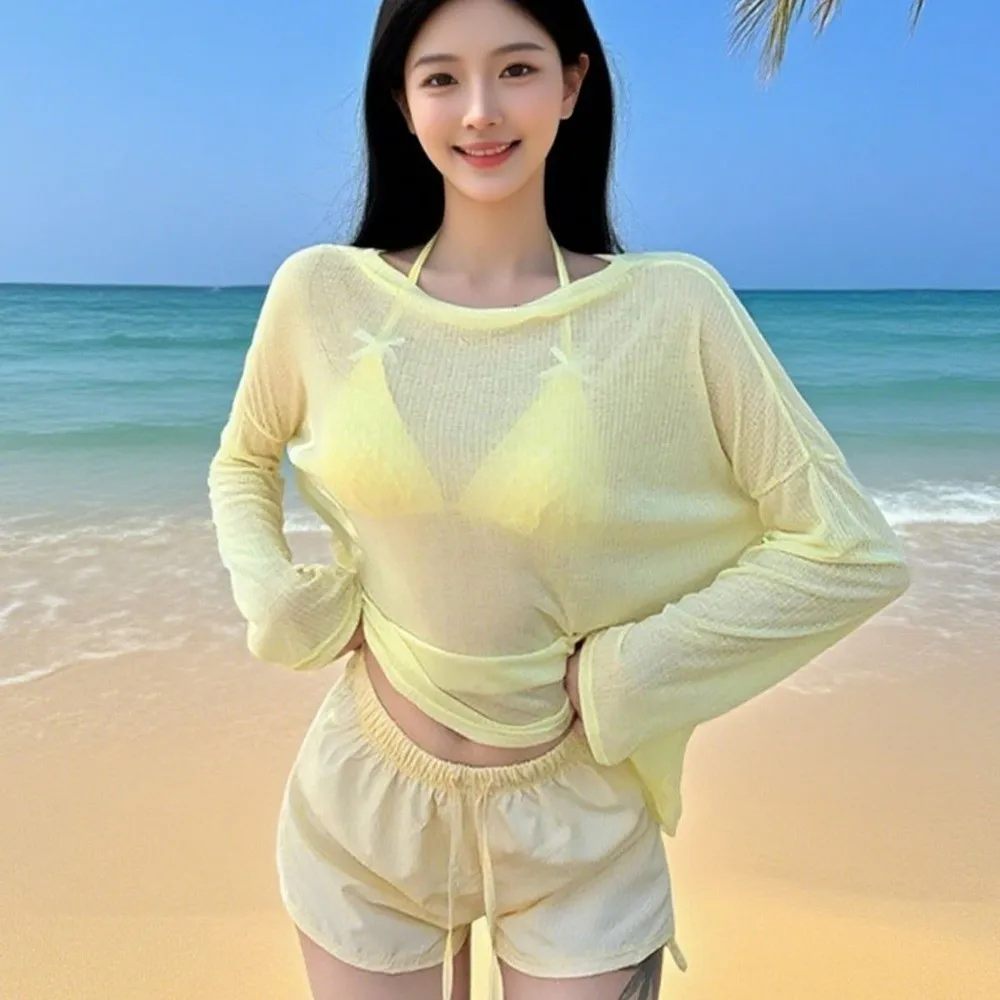 Lace-up Women's Swimwear Set Mesh Transparent Sun Protection Long Sleeve Swimsuit Beachwear Loose 4Pieces Bikini Swimsuit Party