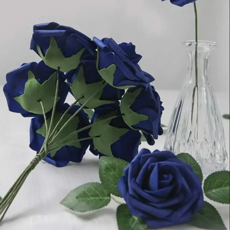 Artificial Flowers 25pcs Real Looking Royal Blue Foam Fake Roses with Stems for DIY Table Centerpieces Party Home Decorations