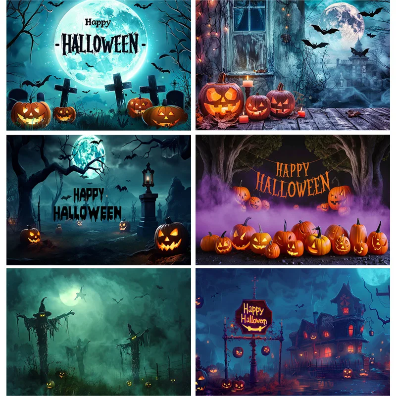 

Halloween Backdrop Full Moon Scary House Night Castle Graveyard Forest Bats Pumpkin Lantern Spooky Photography Background SJ-11