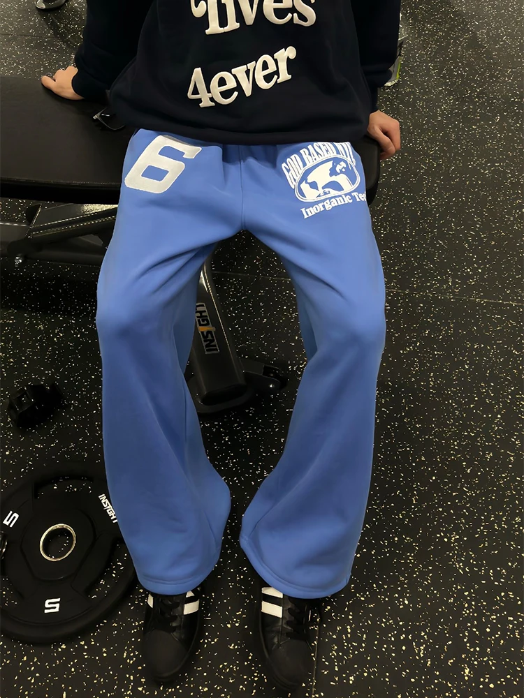 

Blue American Retro Sport Pants Men's Autumn Winter Trendy Straight Leg Wide Leg Pants Drapey Comfortable Casual Trousers