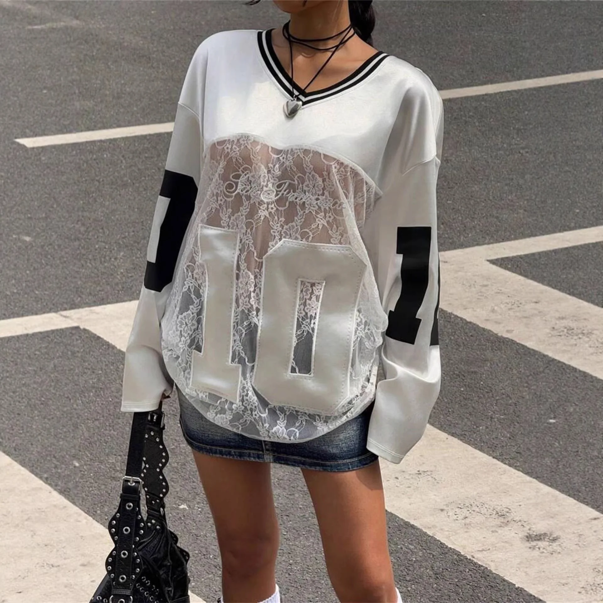 Europe and America spring and summer new personality fashion lace stitching perspective V-neck long-sleeved shirt Ins Style
