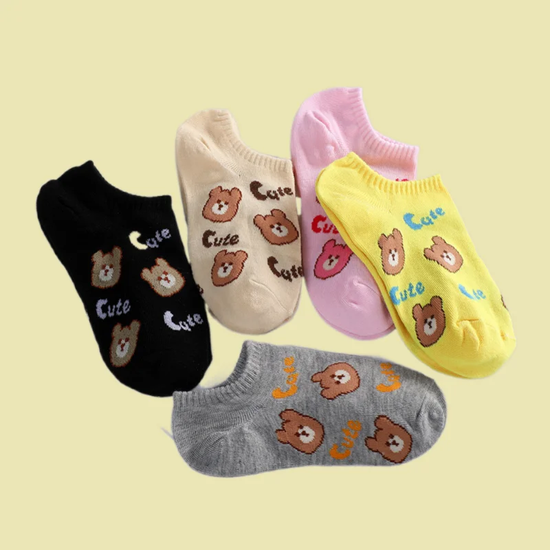 Calcetines cortos transpirables para mujer, medias finas y cómodas de estilo dulce, con dibujos de oso, barco, 5/10 pares