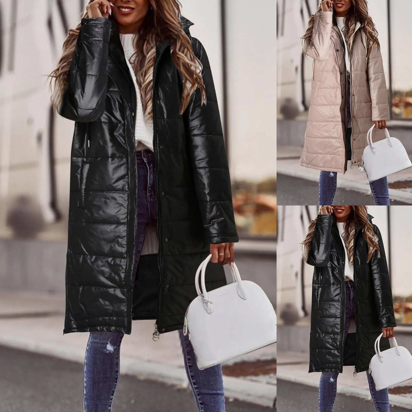 Parkas de puffer longo acolchoado com capuz feminino com bolsos, casaco casual, monocromático, plus size, manga longa, ao ar livre