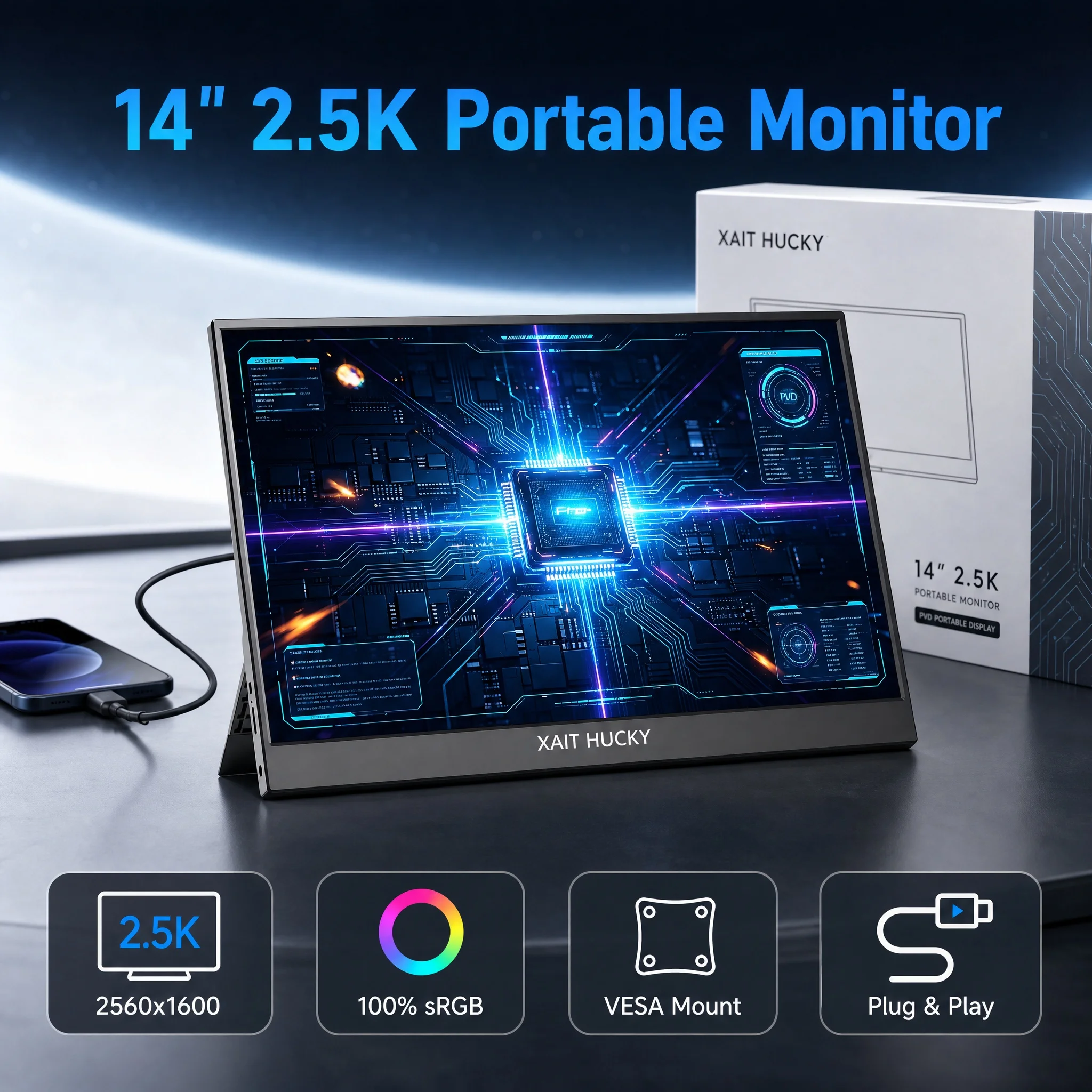 14 Inch 2.5K Ultra HD Portable Monitor 2560x1600 16:10 IPS 100% sRGB with Kickstand VESA Mount for Switch Phone Laptop Game Cons