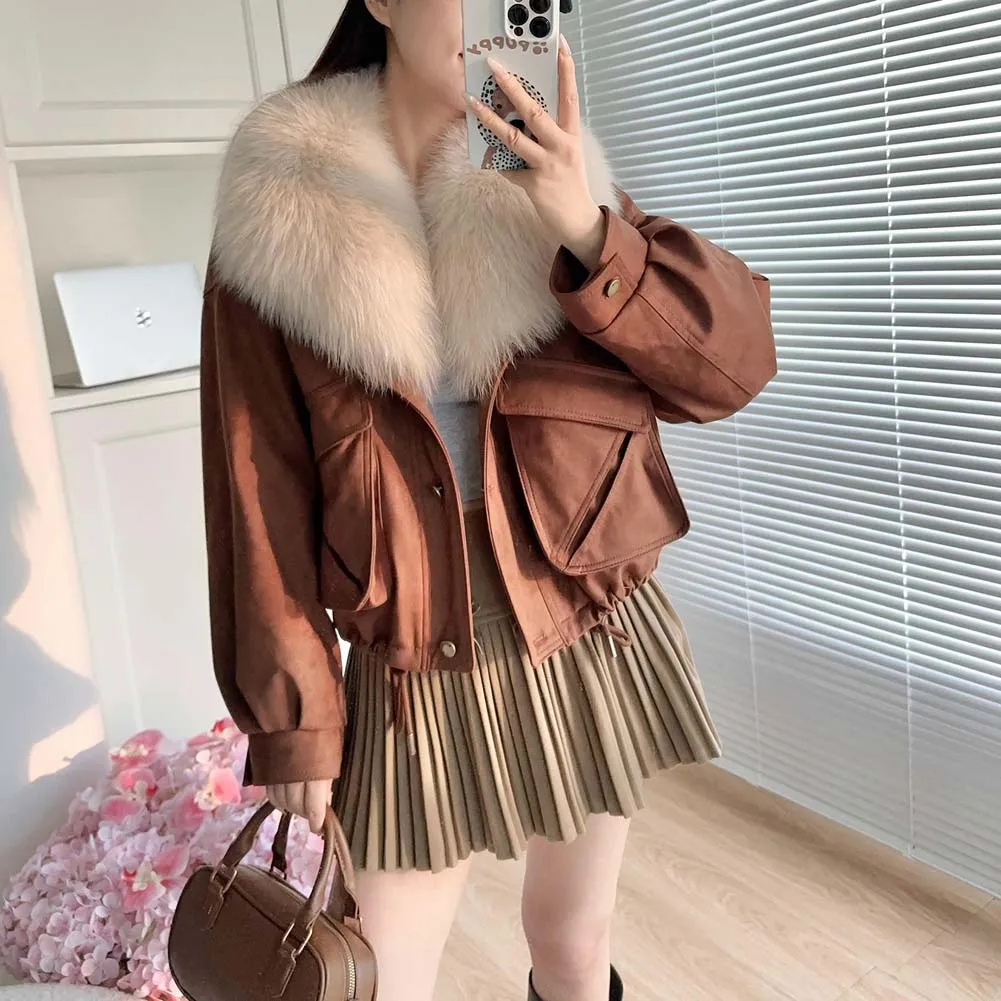 

Goose Down Coats Women Luxury Fox Fur Collar Suede Jackets Premium Ladies Outerwears 2025 Winter Woman Clothes