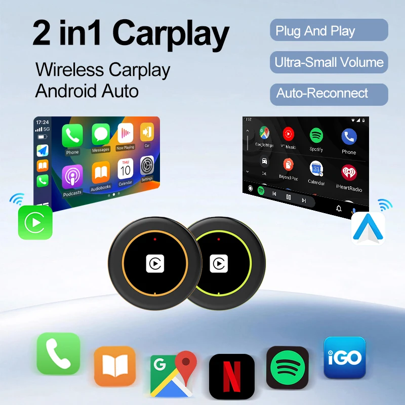 

Wireless Android Auto 5G WIFI 2 In 1 Carplay AI Box AI Smart Box Car Intelligent Systems Plug And Play For VW Toyota Nissan Benz
