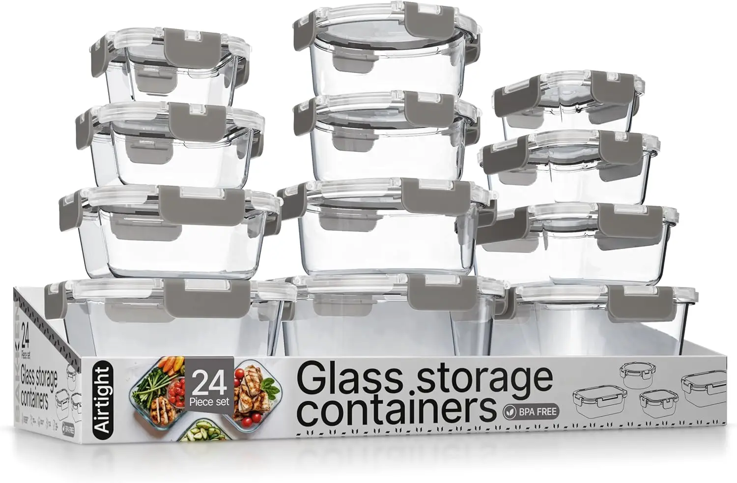 

Borosilicate Glass Food Storage Containers with Lids, 24-Piece Set, BPA-Free, Airtight and Microwave Safe