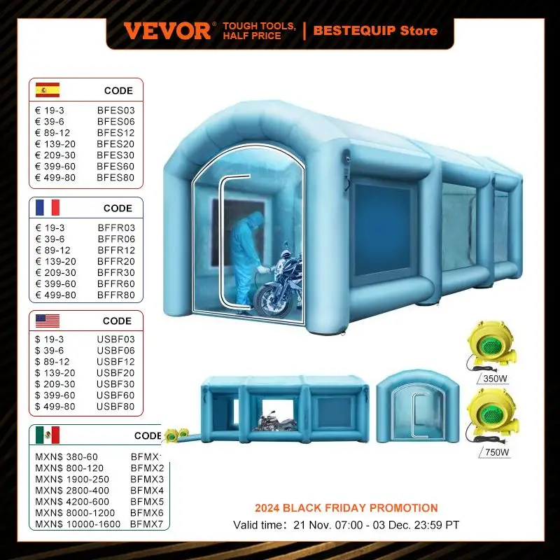 VEVOR Inflatable Paint Booth 20x10x8.2 ft Large Spray Booth Car Parking Painting Tent with 750W+350W 2 Blowers Air Filter System