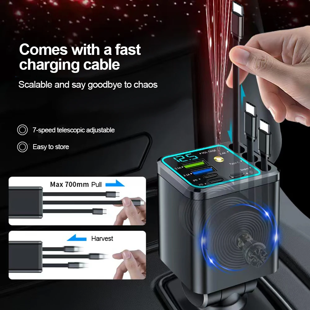 7 In 1 Quick Phone Charger 148W PD Type C Dual USB Phone Charger Digital Voltmeter with 3 Retractable Cables For IPhone Huawei view 2