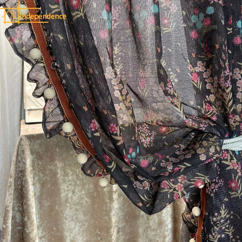 New French Retro Printing Lace Window Screen Curtains for Living Room Bedroom French Window Customized Finished Balcony