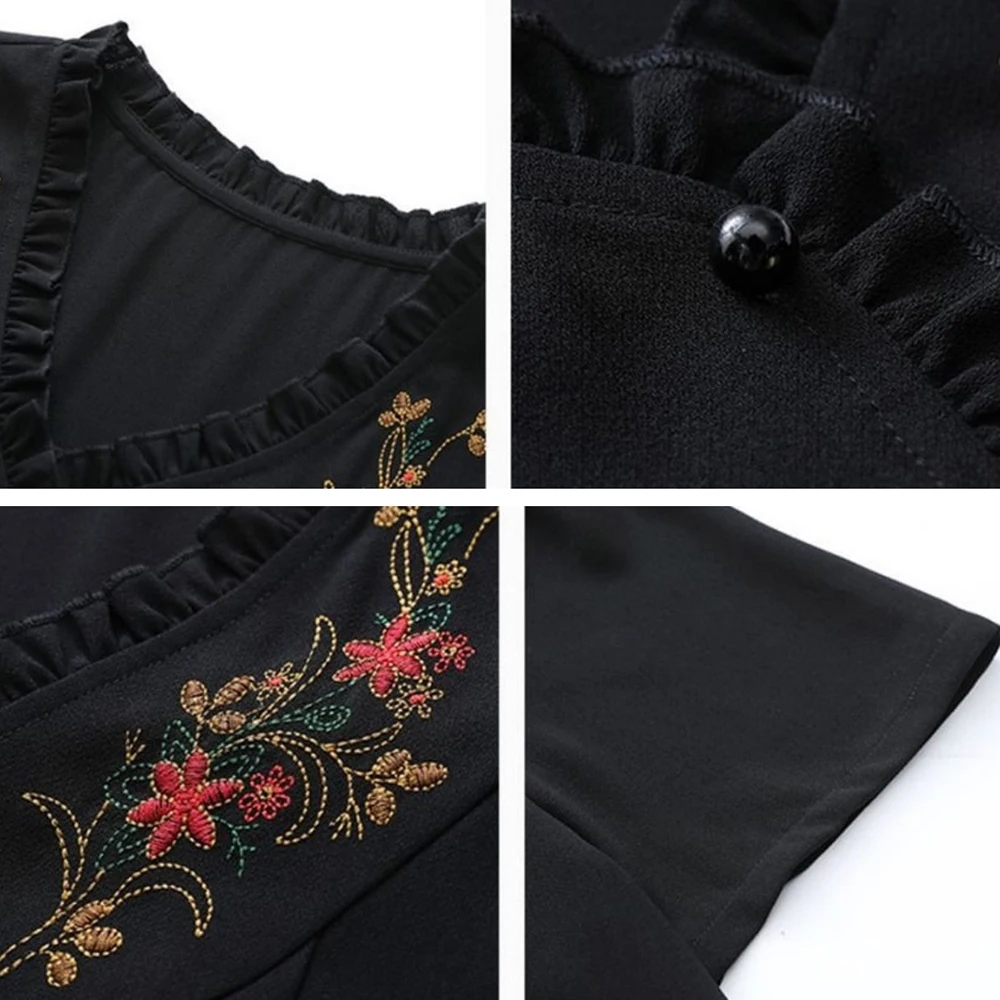 Women\'s Summer NEW Black Thin Tshirts Large Size Loose V-Neck Embroidery Blouse Female Mother Elegant Pullover Shirts Tops 5XL