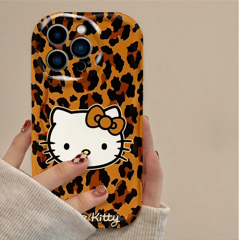 مرحبا كيتي ليوبارد طباعة سيليكون جراب هاتف آيفون 16 15 14 13 12 11 برو ماكس زائد 16E XR XS X 7 8 متموج للصدمات غطاء #5