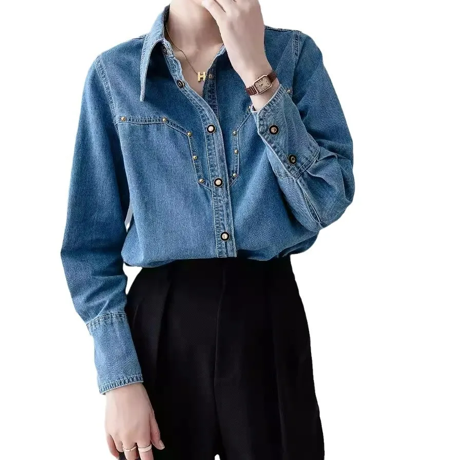 

Новая женская джинсовая рубашка в европейском винтажном стиле, весенне-осенняя, французская, свободного кроя, универсальная, с длинным рукавом