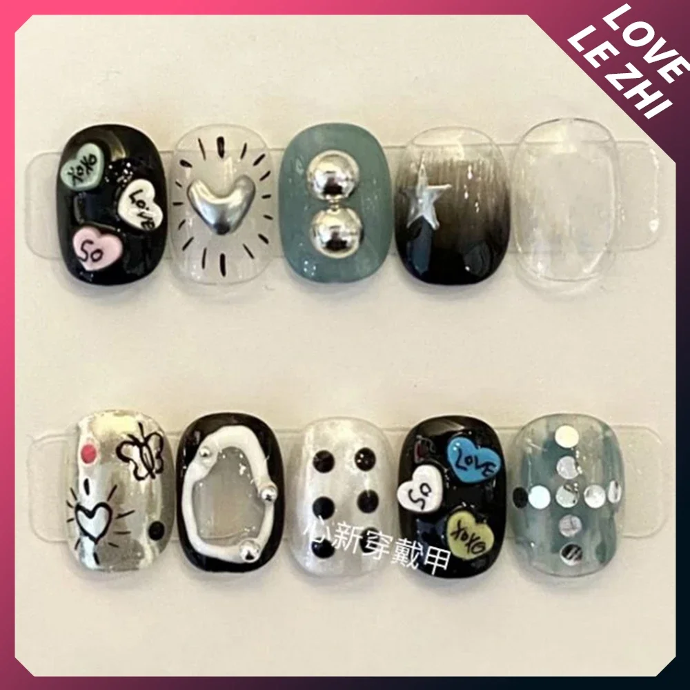 10Pcs Diy Creativity Funny Mash-Up Color Short Round Nail Art Lovely Flower Detachable Reusable Artificial Nails Art Stickers