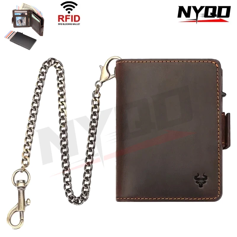 

Кошелек-картхолдер с RFID-защитой и цепочкой от кражи, мужской, из кожи Crazy Horse, с функцией Smart Pop-up и отделением для монет