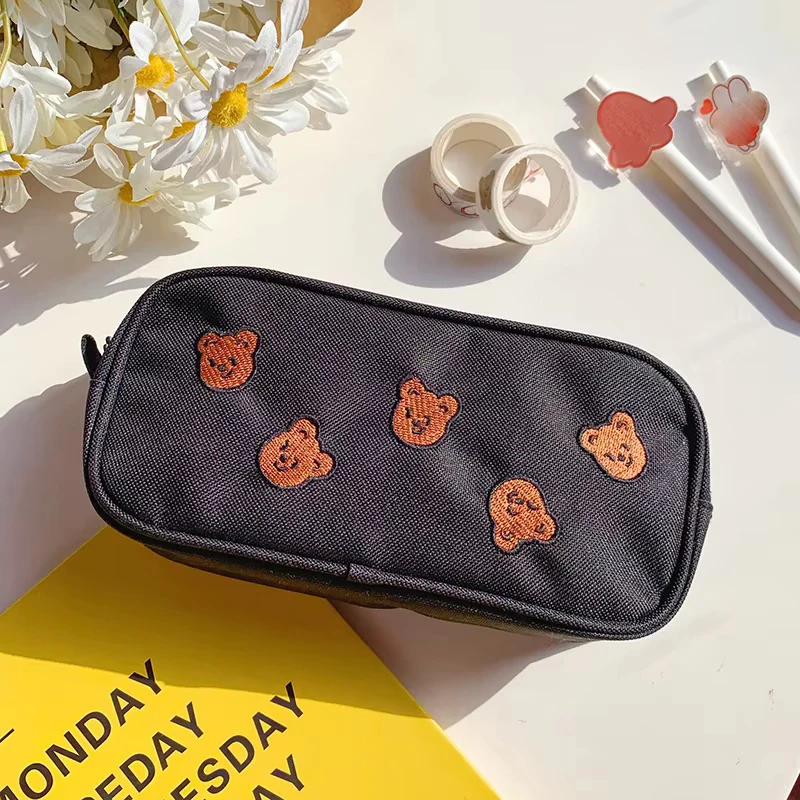  1Pcs Cute Embroidered Bear Pen Box Portable Stationery Pen Box Multi functional Large Capacity Makeup Bag Storage Bag