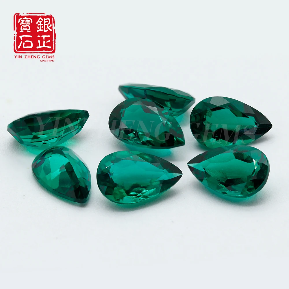 Lab Grown Zambian Emerald Pear Shape Hydrothermal Hand Cutting Cut with Cracks Inclusions Inside Selectable AGL Certificate