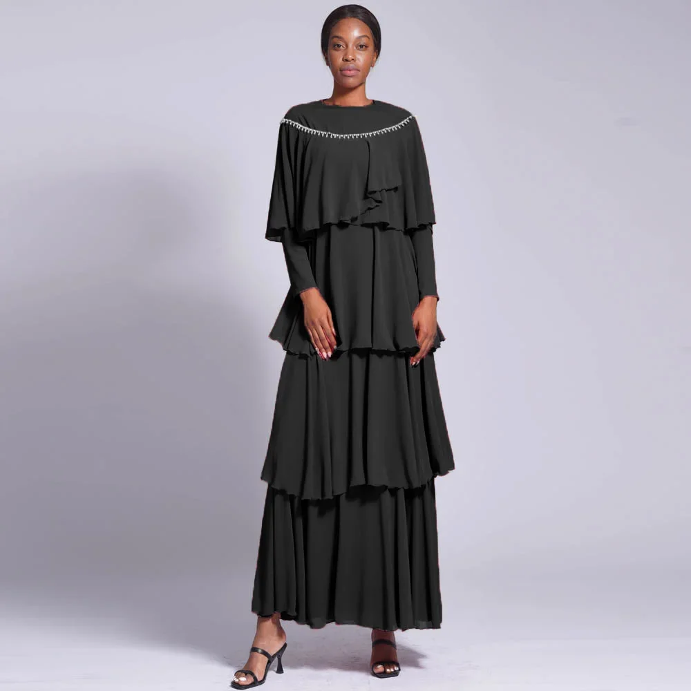 Eid djellaba pérola contas abaya babados camada capa manto maxi vestido feminino muçulmano vestido de noite islam roupas dubai turquia kaftan