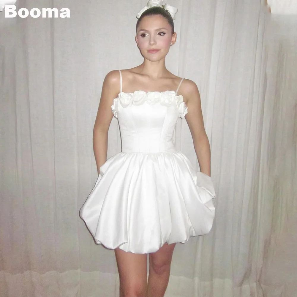 

Booma A-Line Short Wedding Party Dresses for Women 3D Flowers Spaghetti Straps Brides Party Gowns Prom Cocktail Dress Outfits