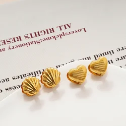 New Fashion Gold Plated Stainless Steel Heart-shape Clip Earrings For Women Double-sided Striped Texture Stud Earrings Jewelry