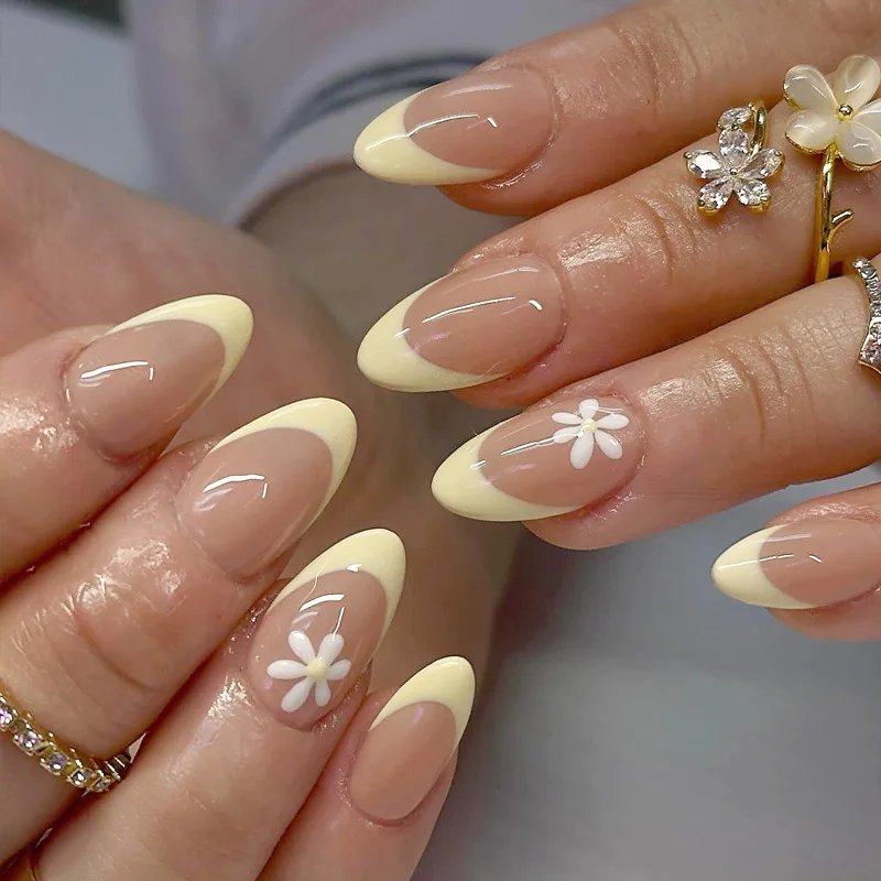 

24pcs French Style Press on Nail White Flower Printing Almond Artificial Fake Nails Seamless Removable False Nail