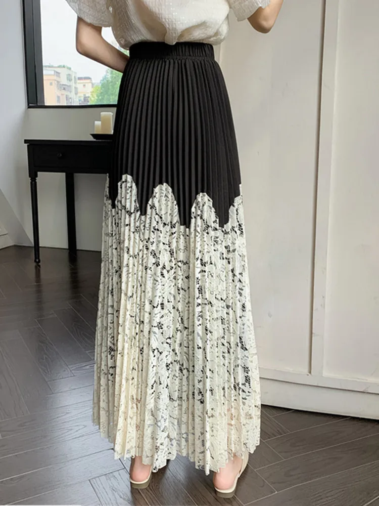 SMTHMA High-Quality Women A-Line Elastic High Waist Lace Patchwork Pleated Skirt 2024 Spring Summer Korean Fashion Long Skirt