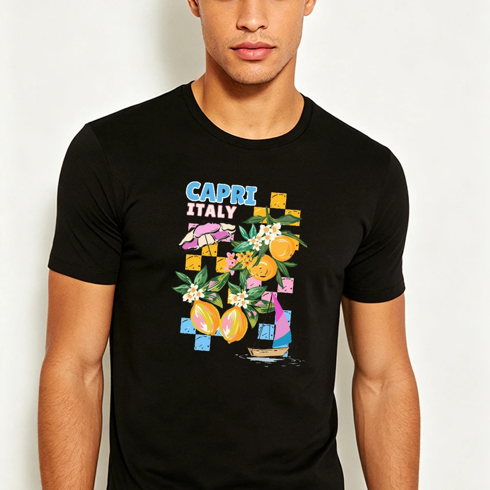 Capri Italy Lemon Flower Sailboat Print Men Summer T Shirt Mediterranean Vacation Graphic Casual Daily Holiday Wear Top