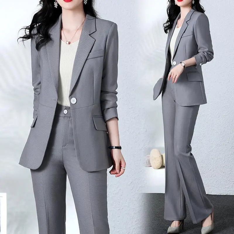 Women\'s Autumn Winter New Fashion Professional Suit Two Piece Korean Elegant Casual Blazer Jacket+Micro Flare Pants Matching Set