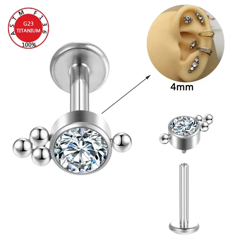 G23 Titanium Ear Lip Stud Lobe Piercing 4 Beads Tragus Body Jewelry Clicker Internal Thread Labret  Ears Bar Cartilage Earring