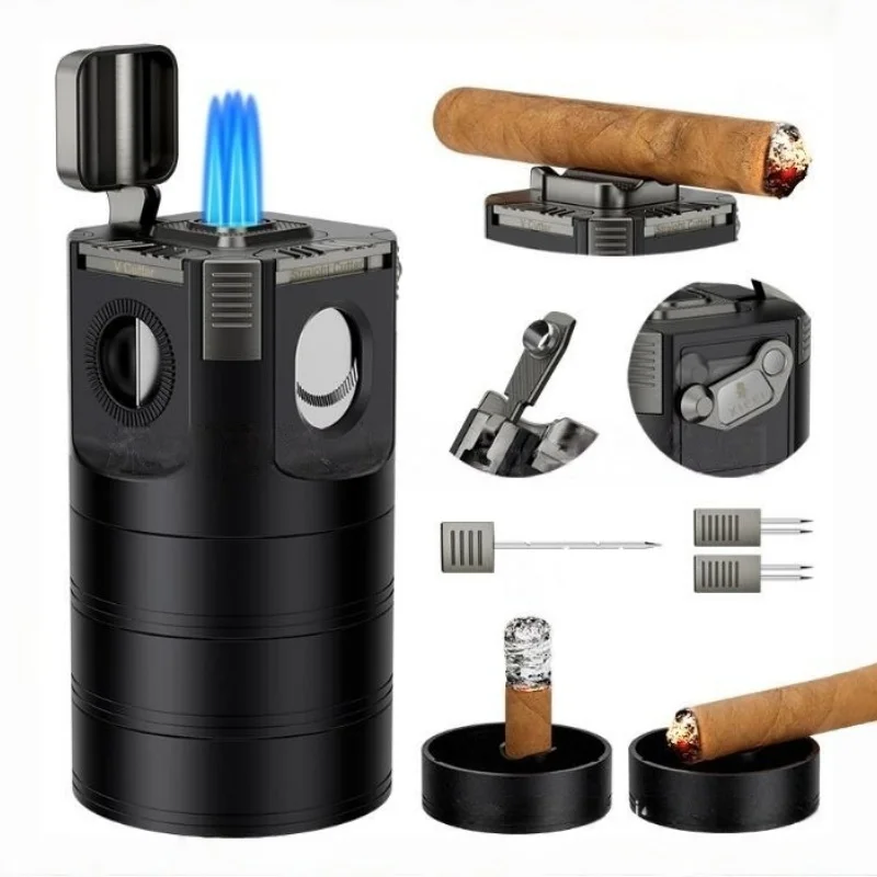 Original Multi Function Table Cigar V Cutter Guillotine Puncher Needle Luxury Metal Ashtray Cendrier Cigare 8 In 1 Accessories