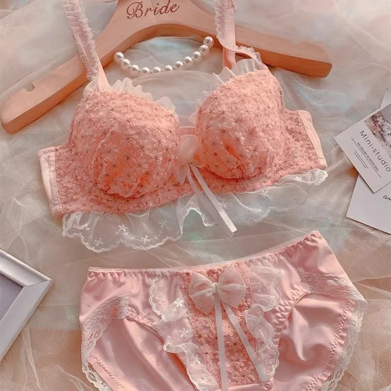 Women Bra and Panty Set Janpanese Cute Lace Hollow Lace Bow Underwear Bra Push Up with Padded Steel Ring Pure Sweet Lingerie