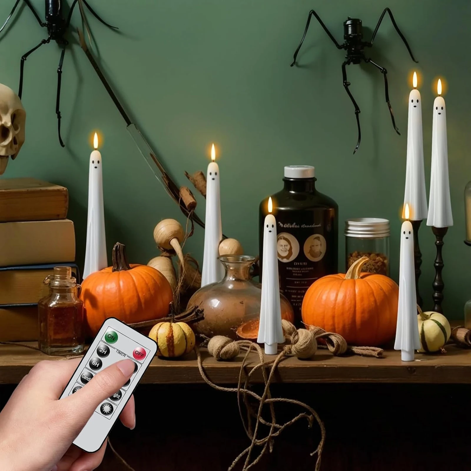 Ghost Shaped Plastic Candles Battery Operated 2/4/6 Pack with Remote and Timer for Party Favor Home Table Centerpieces Fireplace